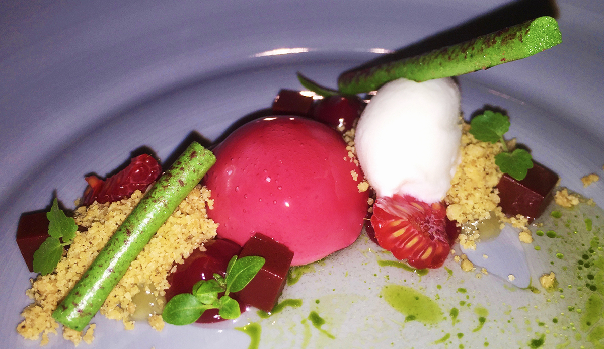 Köstliches Dessert mit Himbeer-Sorbet, Baslikum und Tonic