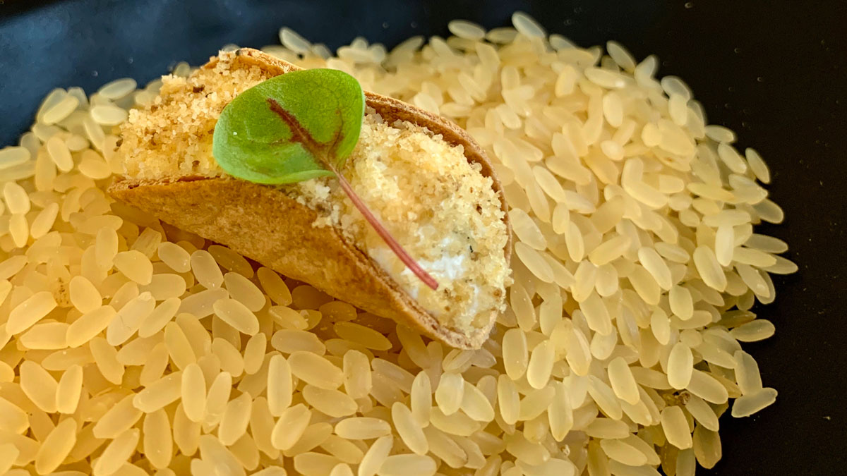 Lucca. „Peperosa: Frischkäse aus der Region in einer Mandelhippe als Gruß aus der Küche. Foto WR