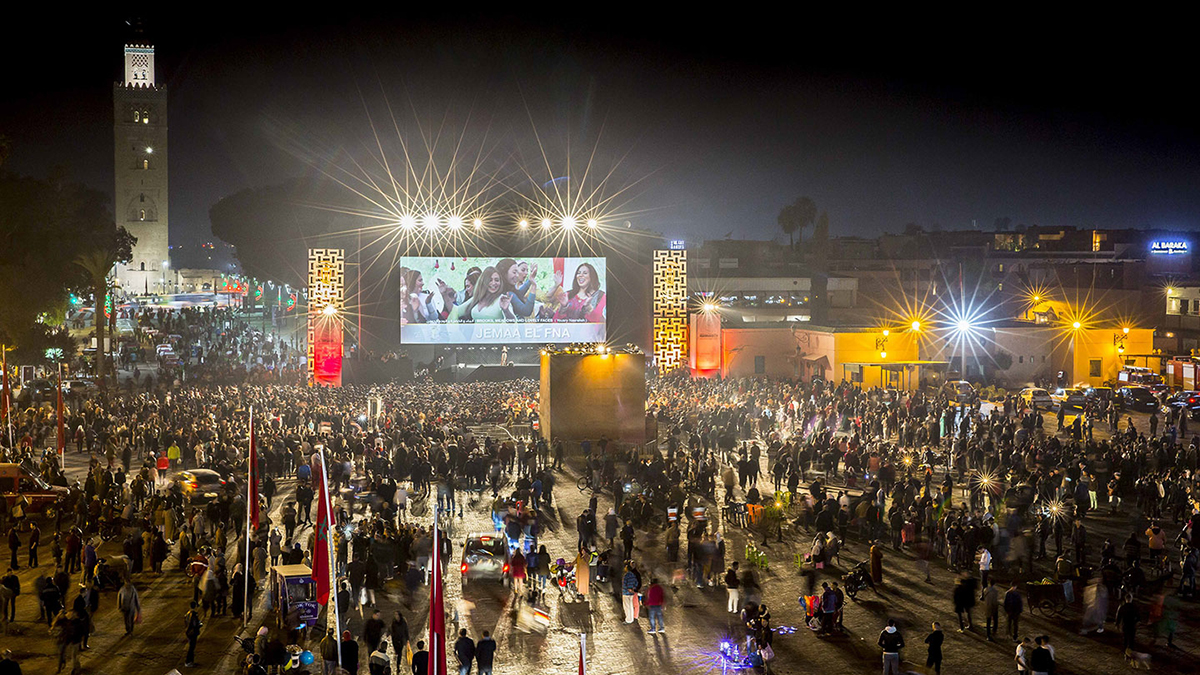 Open Air Kino auf dem Djemaa el Fna während der Filmfestspiele. Foto Sie Elamine